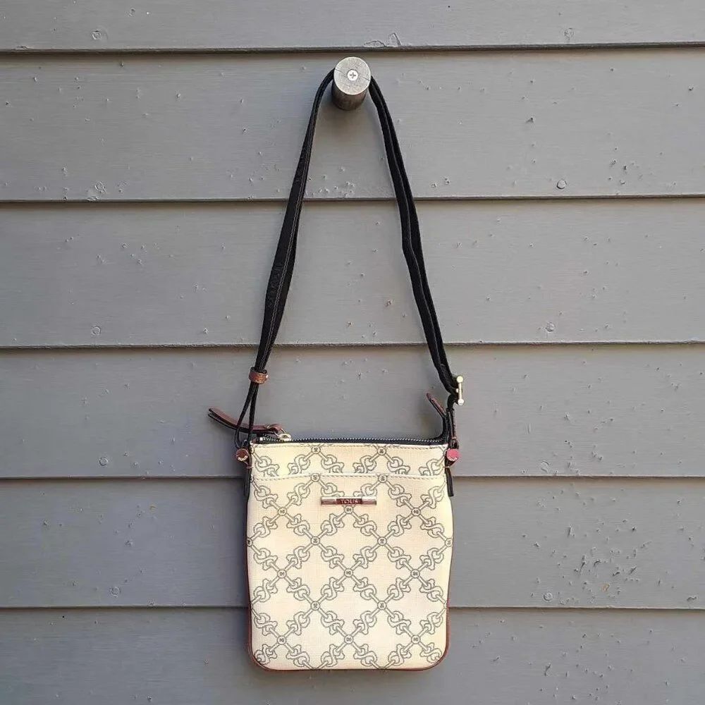 Tous Beige Gray Brown Black Leather Bear Chain Print Crossbody